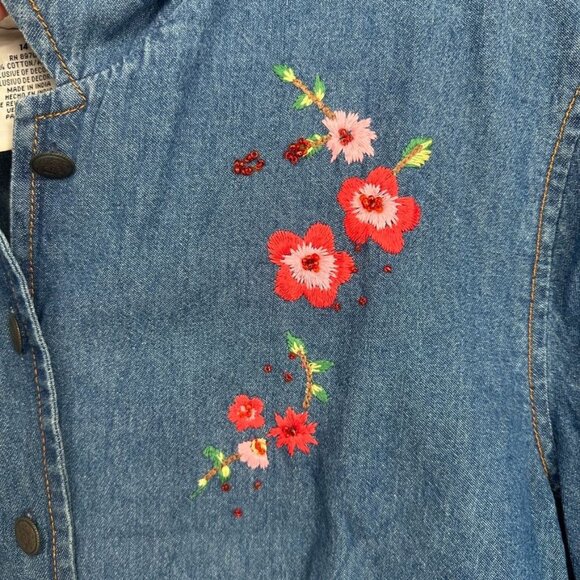Vintage K Studio Plus Size 14 Denim Embroidered Floral Open Back Button Up Shirt - Picture 12 of 14